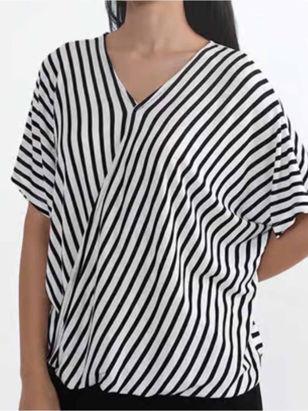 NY Collection Black and White Striped V-Neck Faux-Wrap Blouse